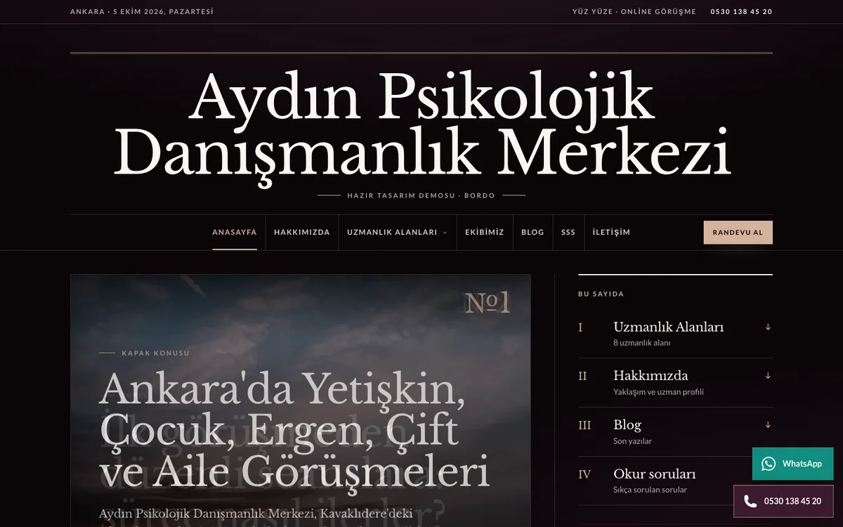 Bordo teması: örnek danışmanlık merkezi sitesinin ana sayfası