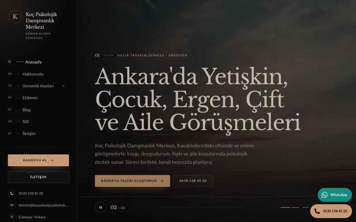 Obsidyen teması: örnek danışmanlık merkezi sitesinin ana sayfası
